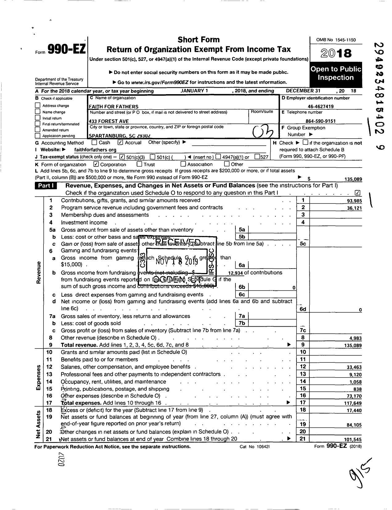 Image of first page of 2018 Form 990EZ for Faith for Fathers