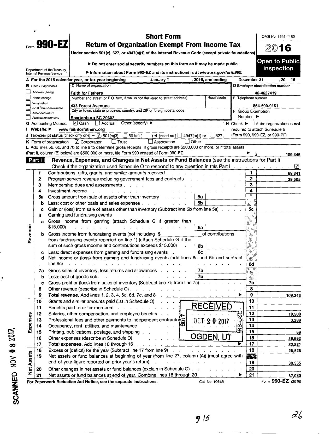 Image of first page of 2016 Form 990EZ for Faith for Fathers