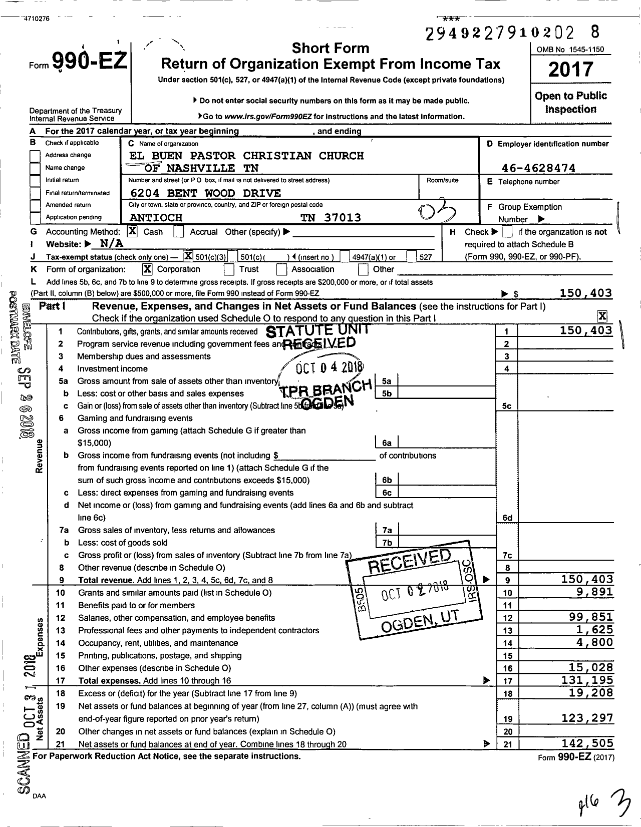 Image of first page of 2017 Form 990EZ for El Buen Pastor Christian Church of Nashville TN