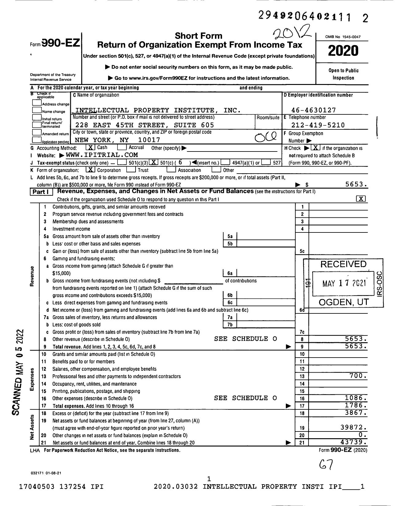 Image of first page of 2020 Form 990EO for Intellectual Property Institute