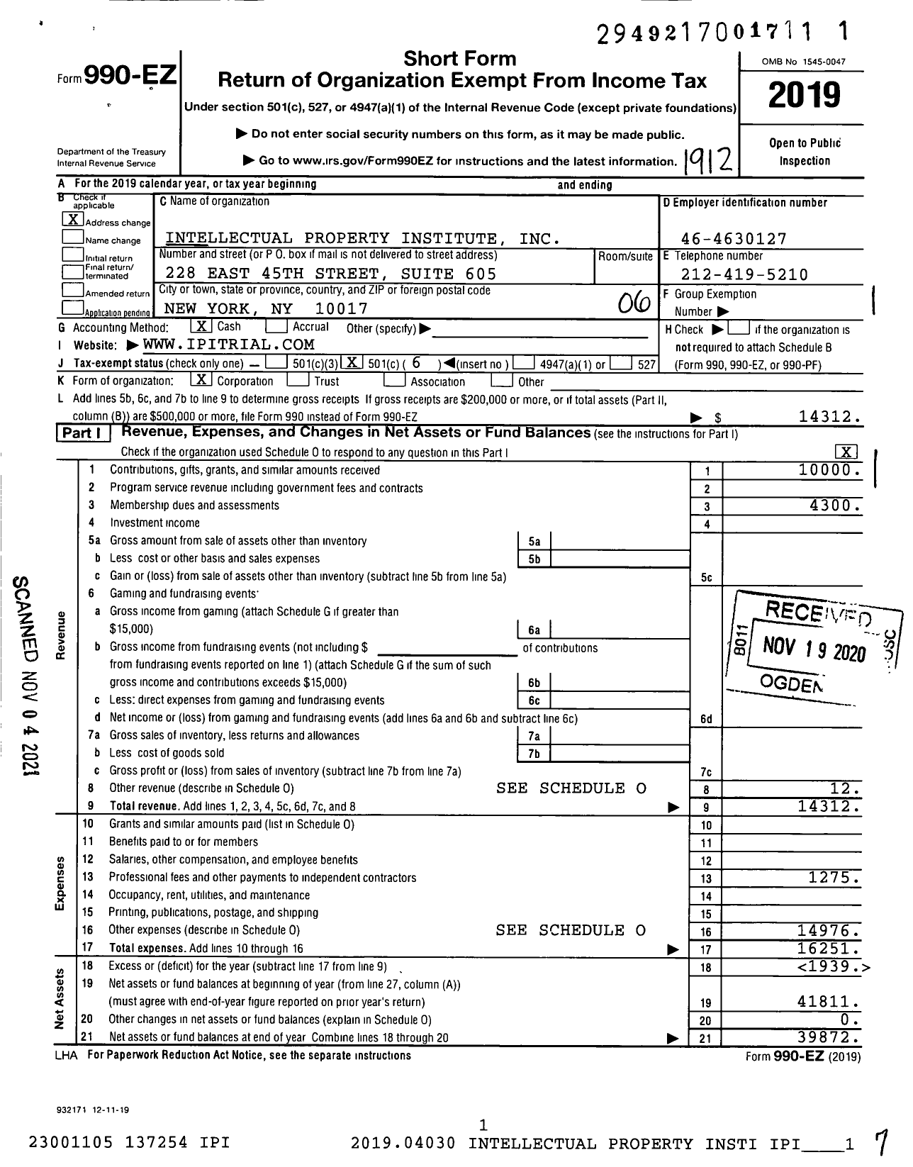 Image of first page of 2019 Form 990EO for Intellectual Property Institute