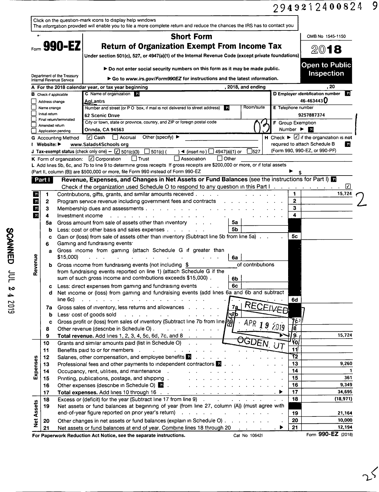 Image of first page of 2018 Form 990EZ for Aglantis