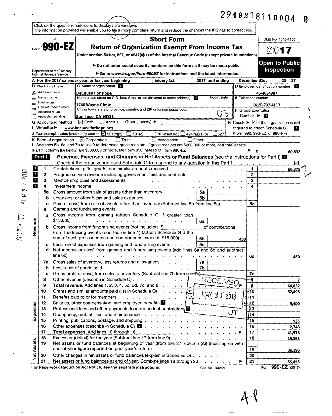 Image of first page of 2017 Form 990EZ for BeCause For Hope