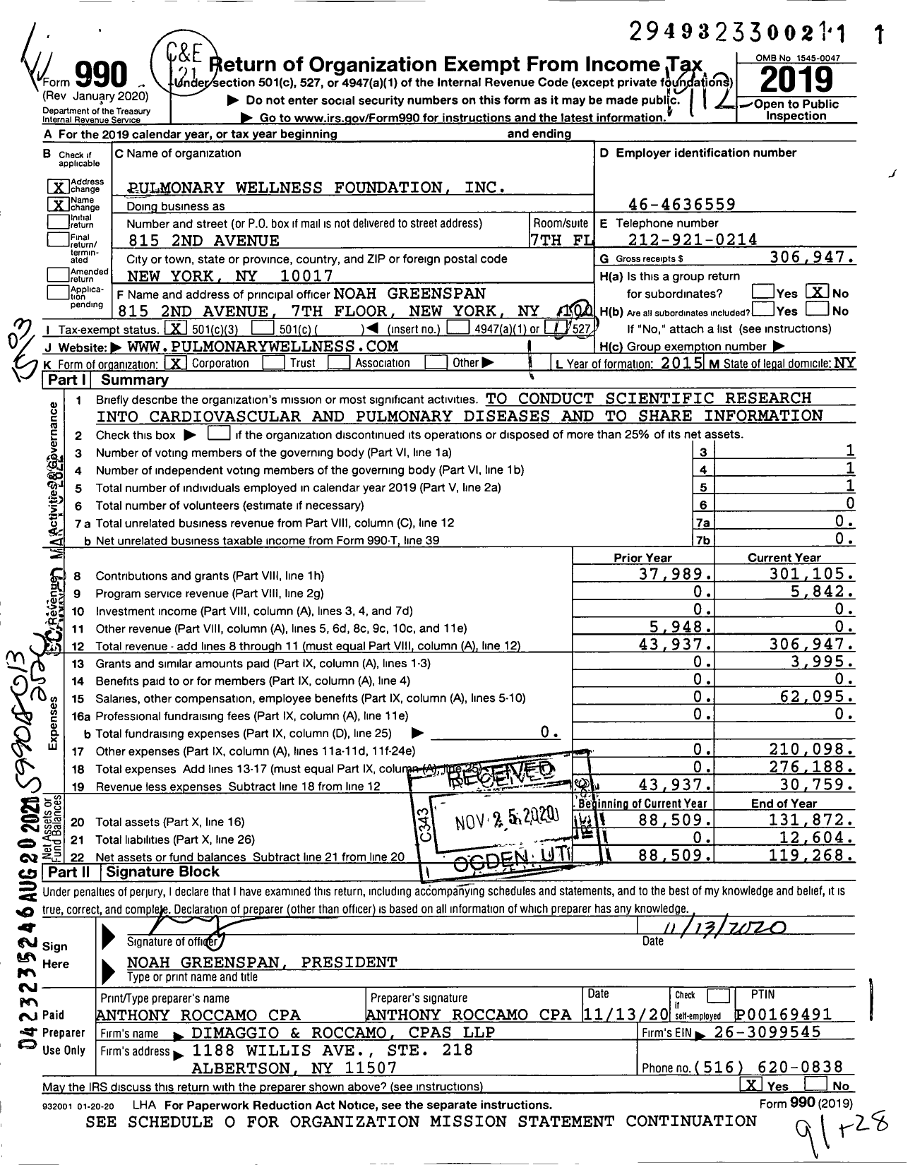 Image of first page of 2019 Form 990 for Pulmonary Wellness Foundation