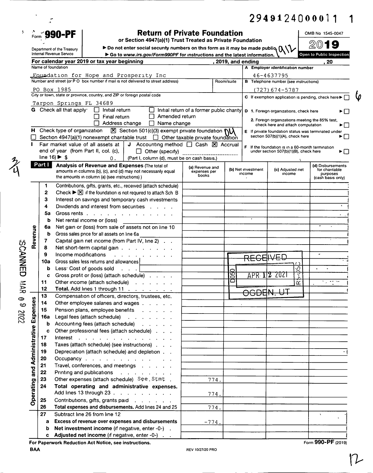 Image of first page of 2019 Form 990PF for Foundation for Hope and Prosperity