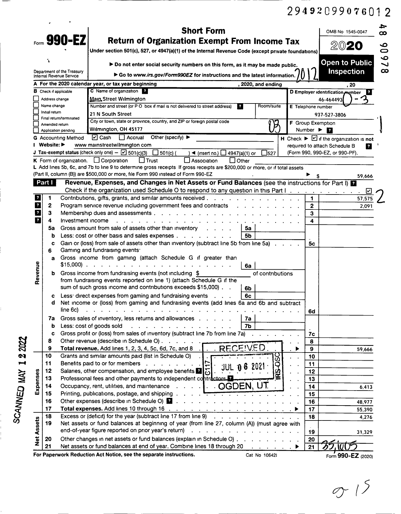 Image of first page of 2020 Form 990EZ for Main Street Wilmington