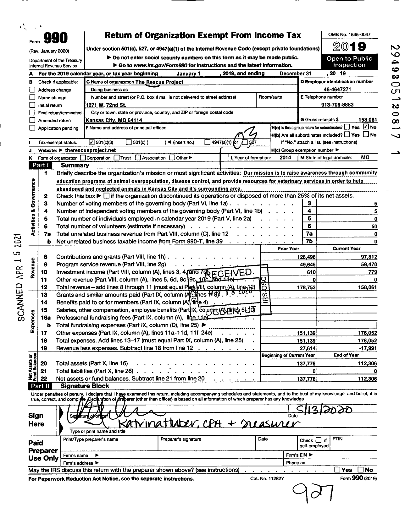 Image of first page of 2019 Form 990 for The Rescue Project