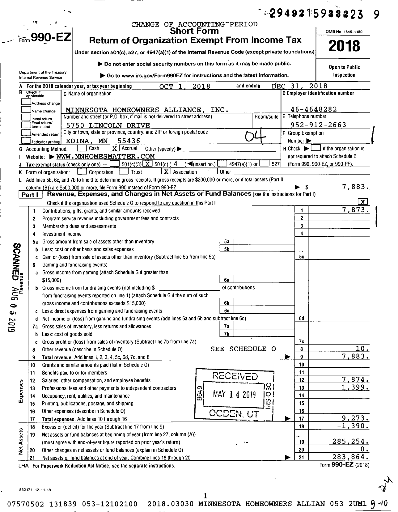 Image of first page of 2018 Form 990EO for Minnesota Homeowners Alliance