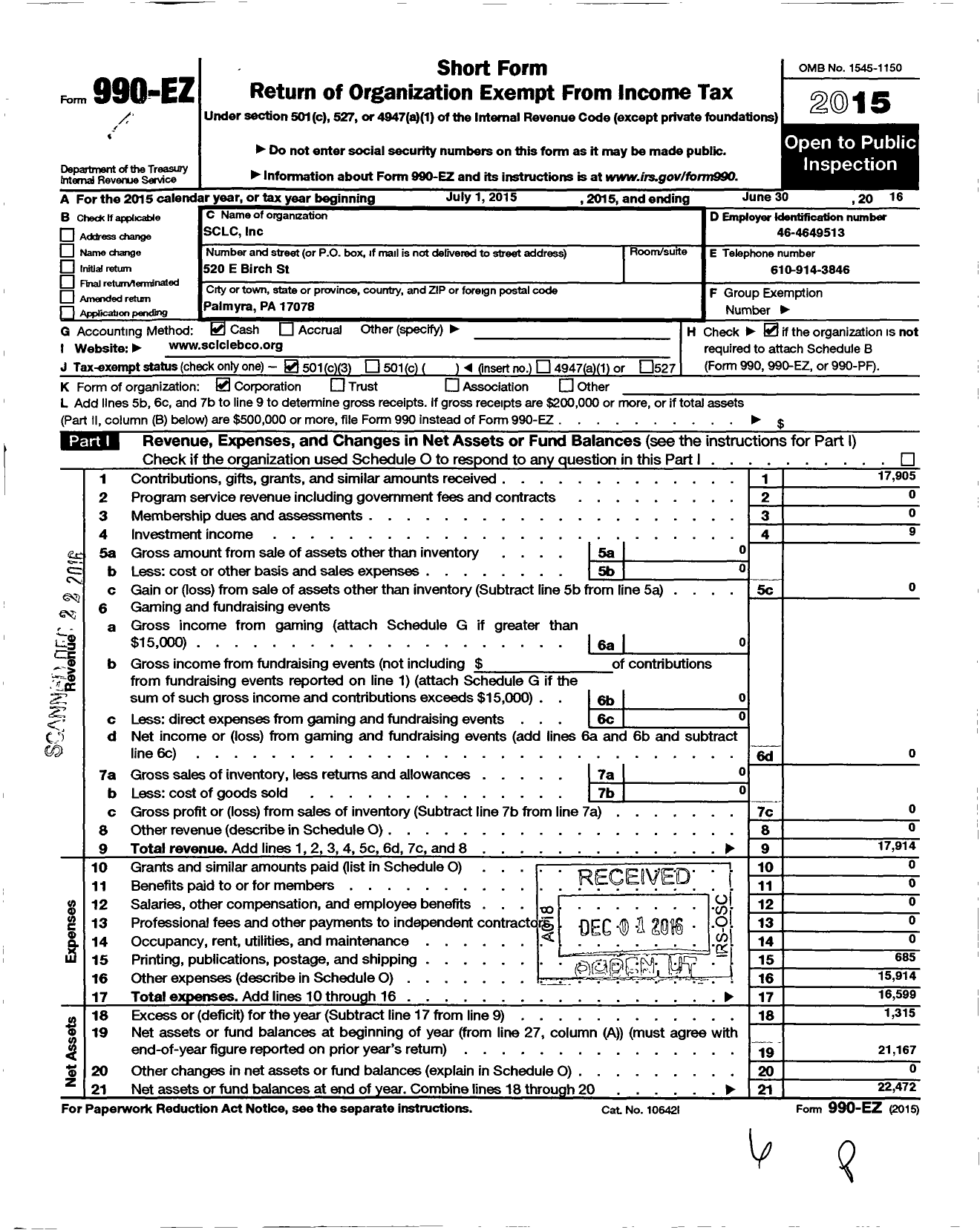 Image of first page of 2015 Form 990EZ for SCLC (Palmyra Circle Initiative)