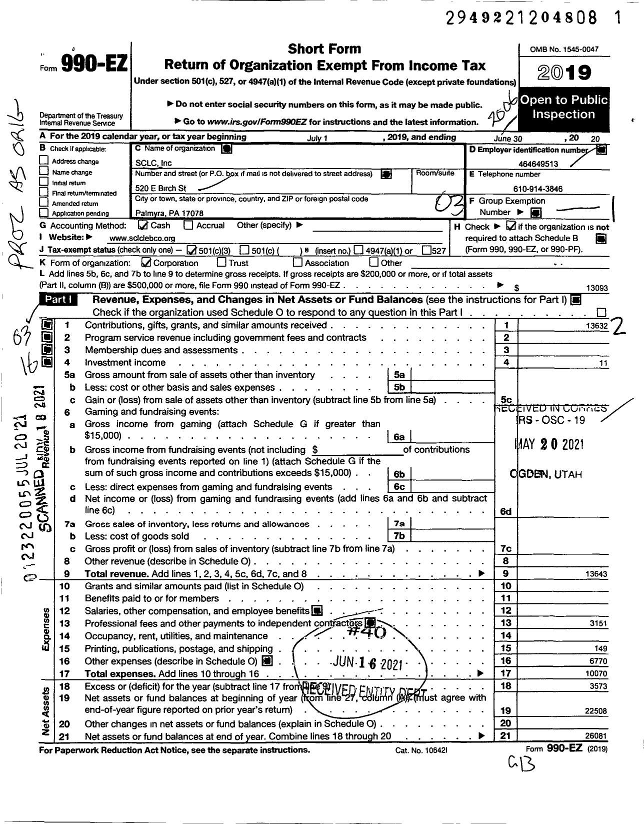 Image of first page of 2019 Form 990EZ for SCLC (Palmyra Circle Initiative)