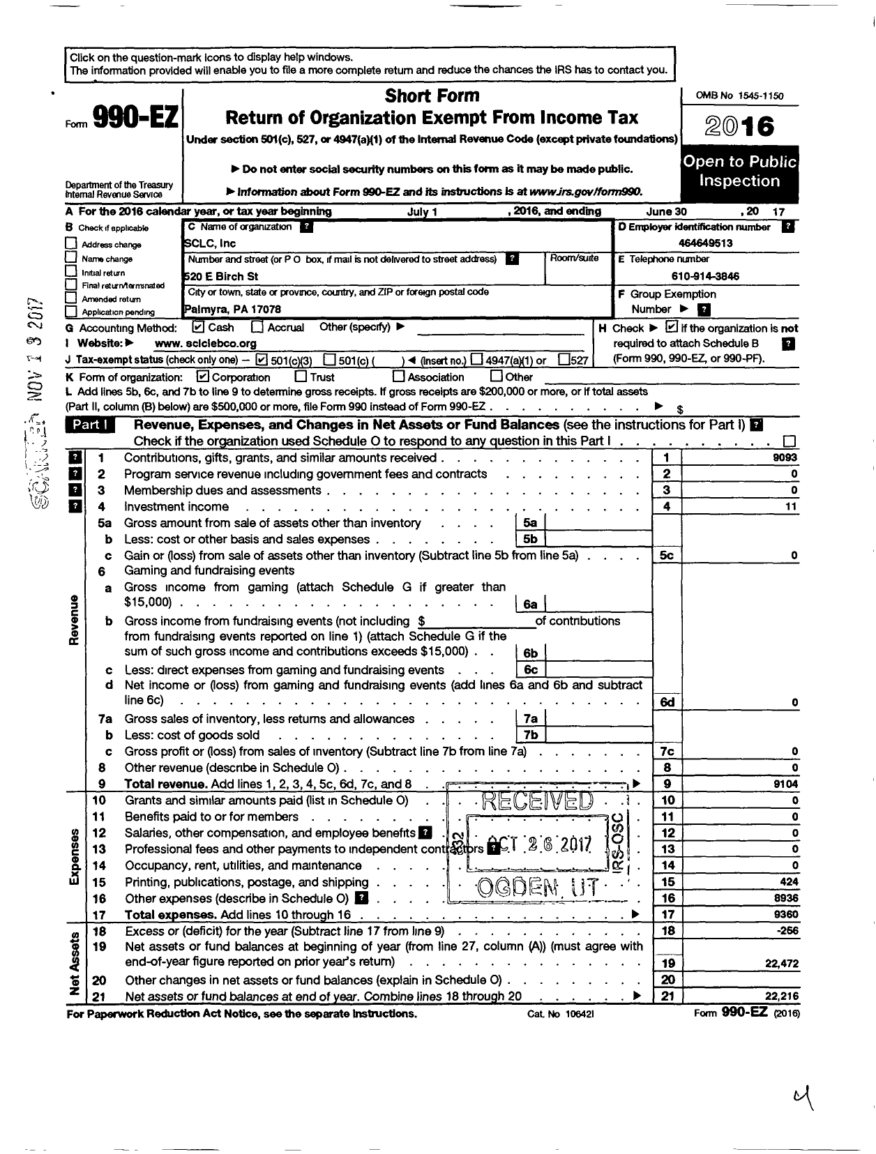 Image of first page of 2016 Form 990EZ for SCLC (Palmyra Circle Initiative)