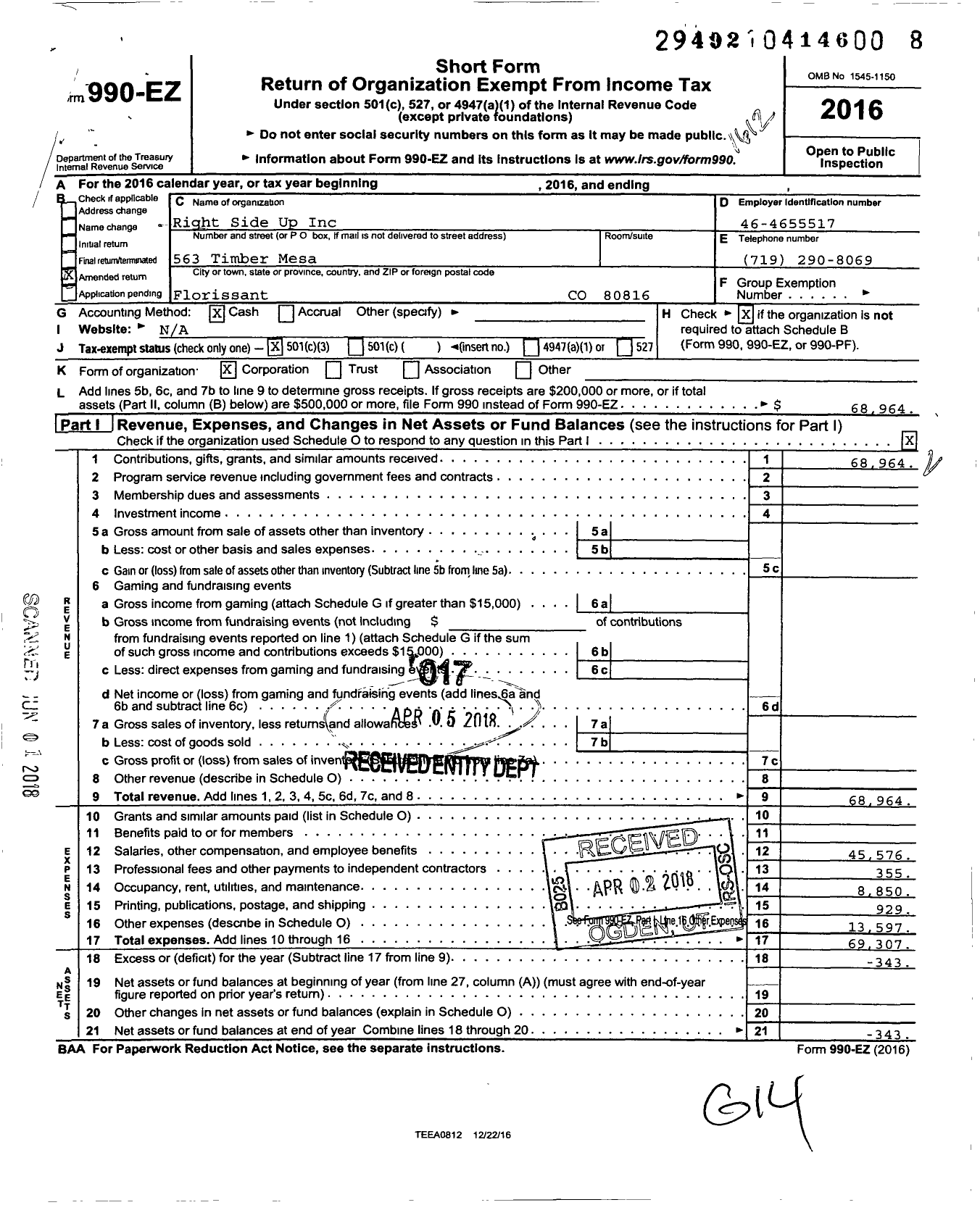 Image of first page of 2016 Form 990EZ for Right Side Up