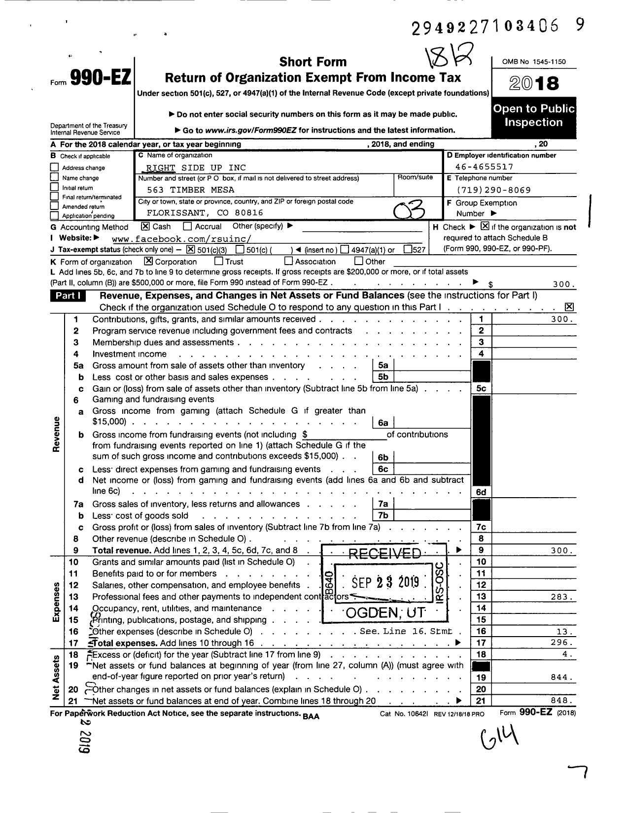 Image of first page of 2018 Form 990EZ for Right Side Up