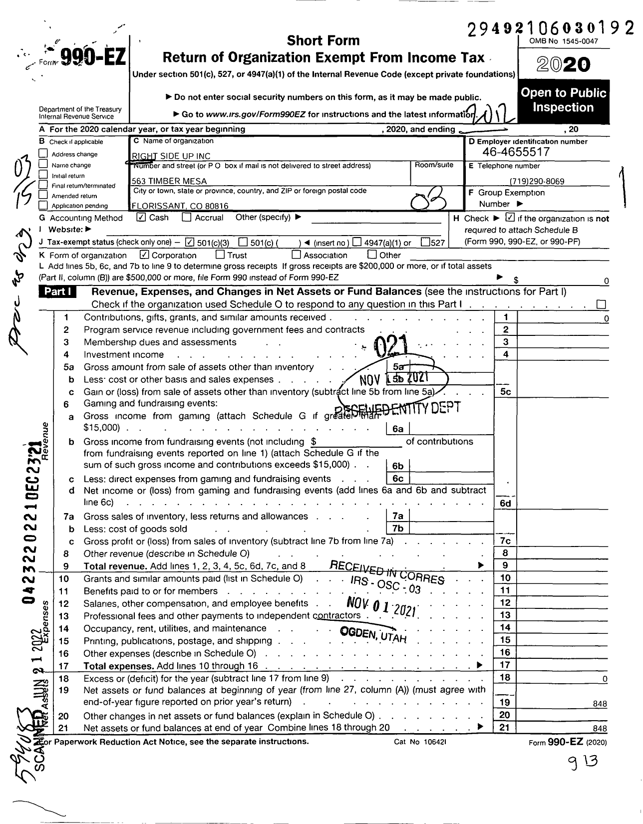 Image of first page of 2020 Form 990EZ for Right Side Up