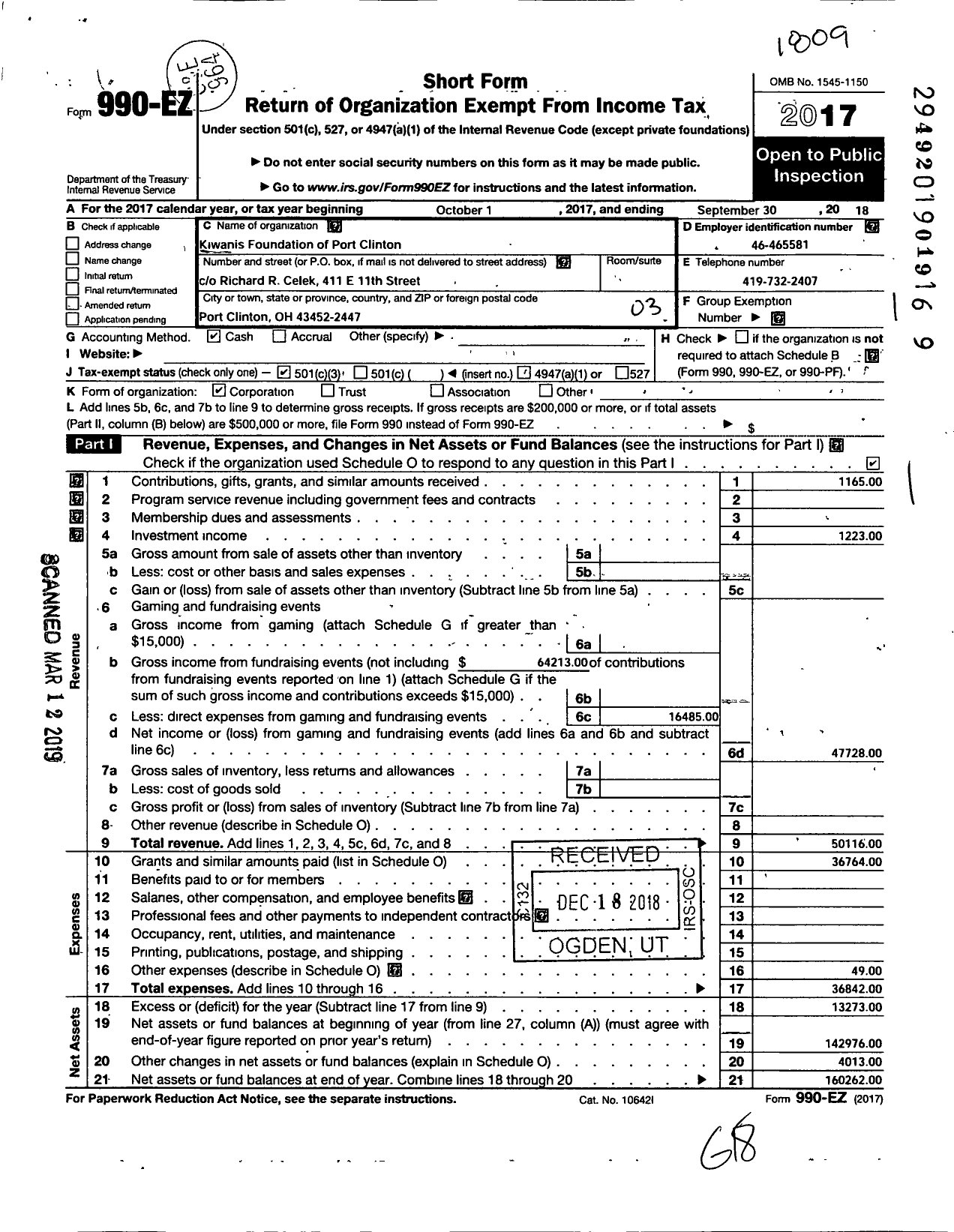 Image of first page of 2017 Form 990EZ for Kiwanis Foundation of Port Clinton