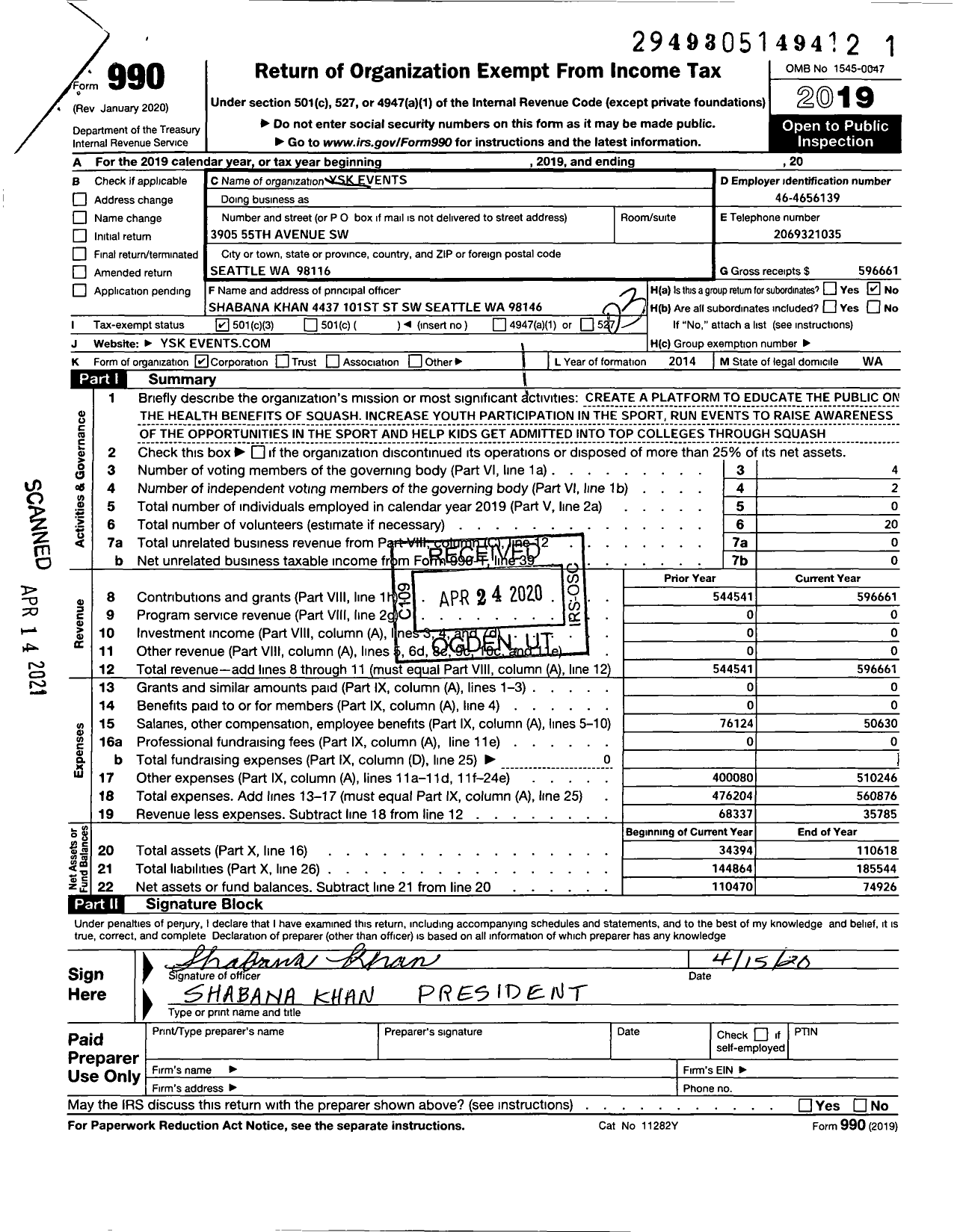 Image of first page of 2019 Form 990 for Ysk Events