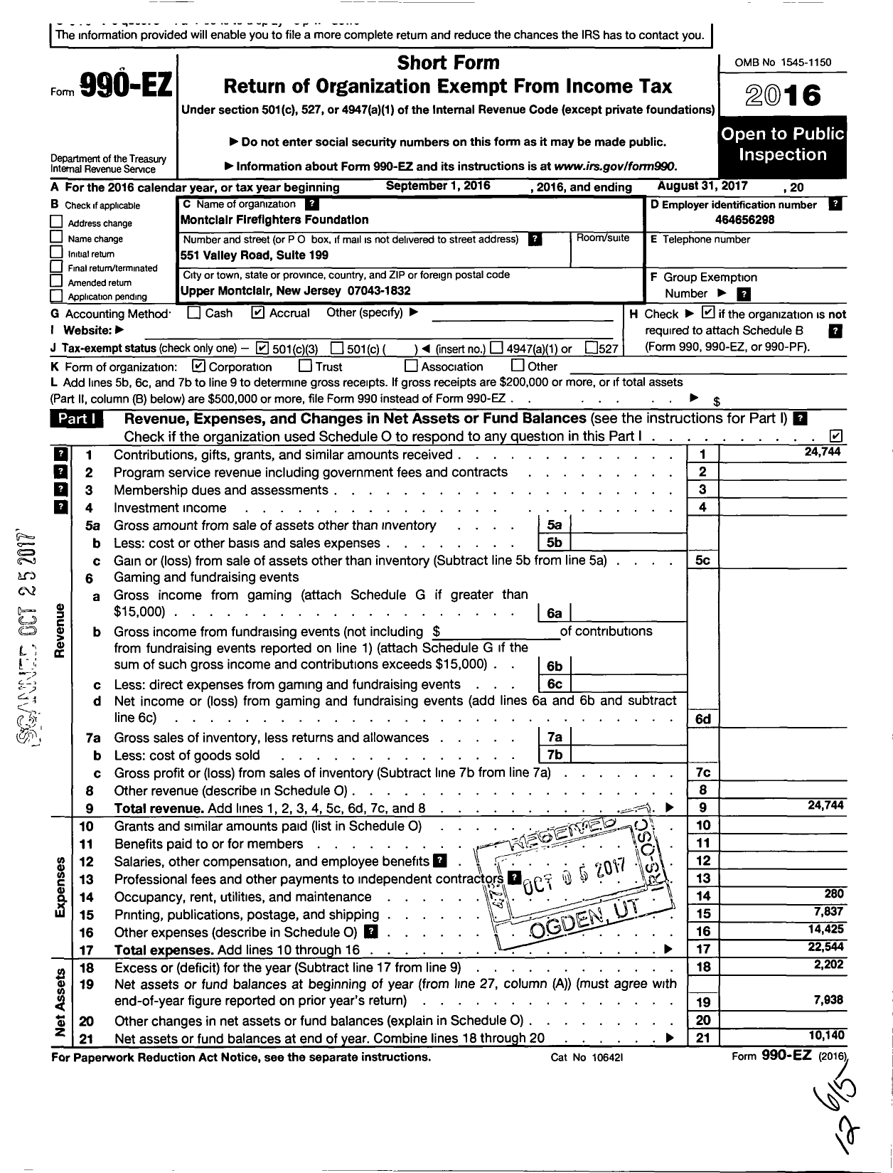 Image of first page of 2016 Form 990EZ for Montclair Firefighters Foundation