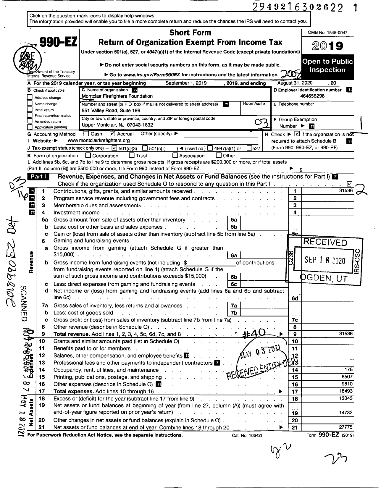 Image of first page of 2019 Form 990EZ for Montclair Firefighters Foundation