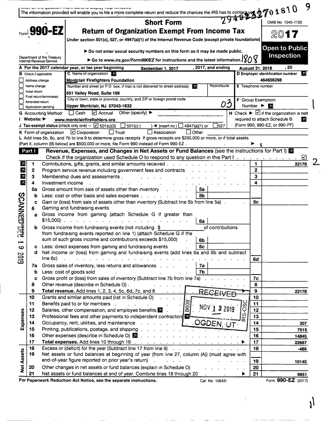 Image of first page of 2017 Form 990EZ for Montclair Firefighters Foundation