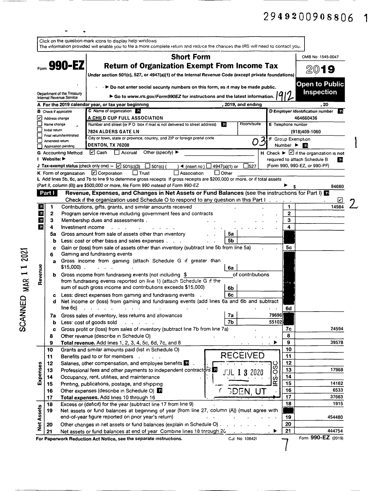 Image of first page of 2019 Form 990EZ for A Childs Cup Full Association