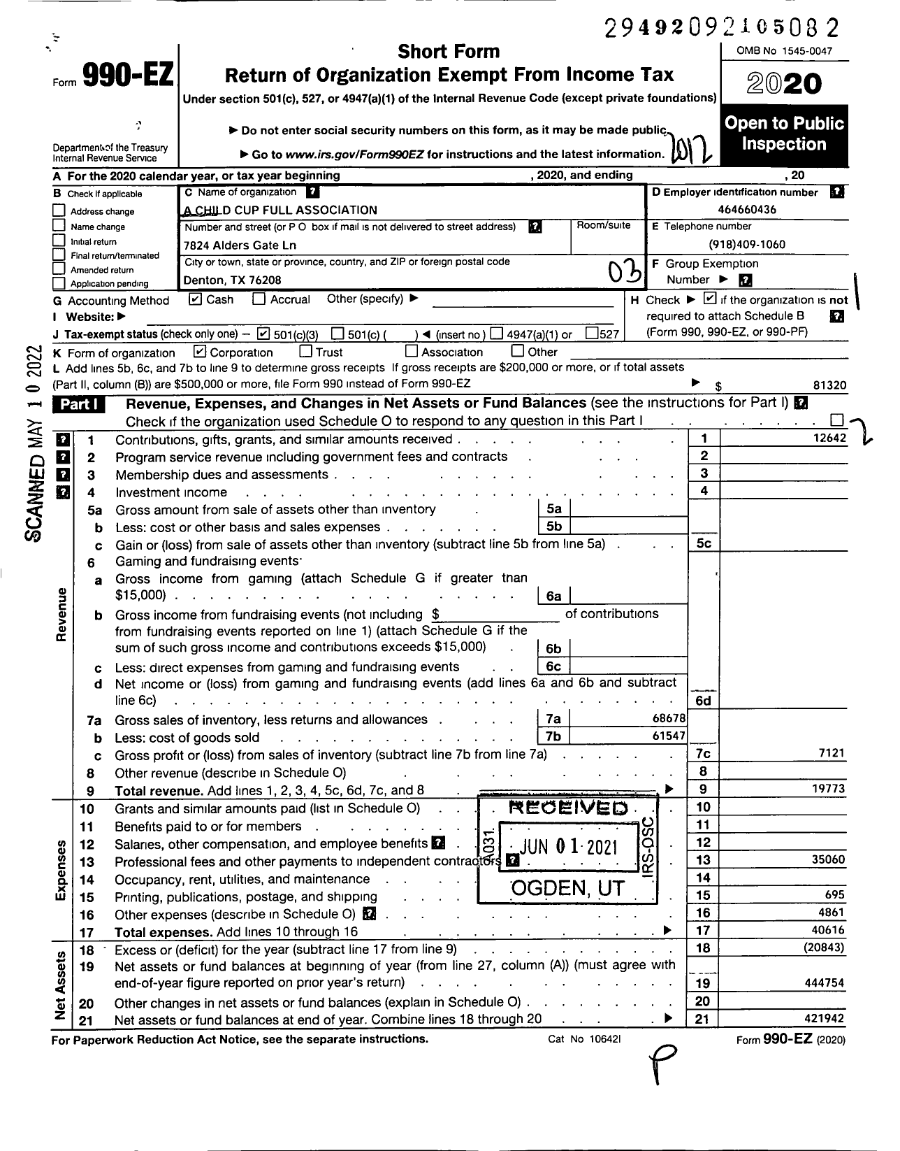 Image of first page of 2020 Form 990EZ for A Childs Cup Full Association