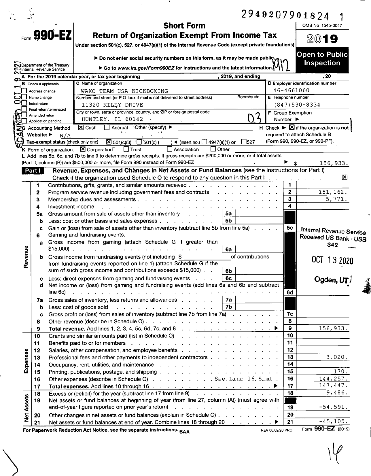 Image of first page of 2019 Form 990EZ for Wako Team USA Kickboxing