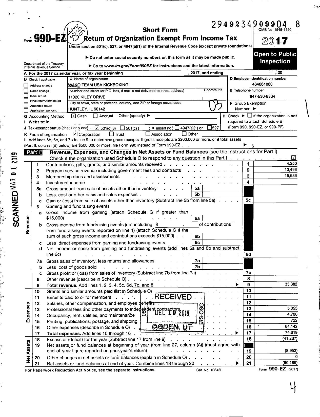 Image of first page of 2017 Form 990EZ for Wako Team USA Kickboxing