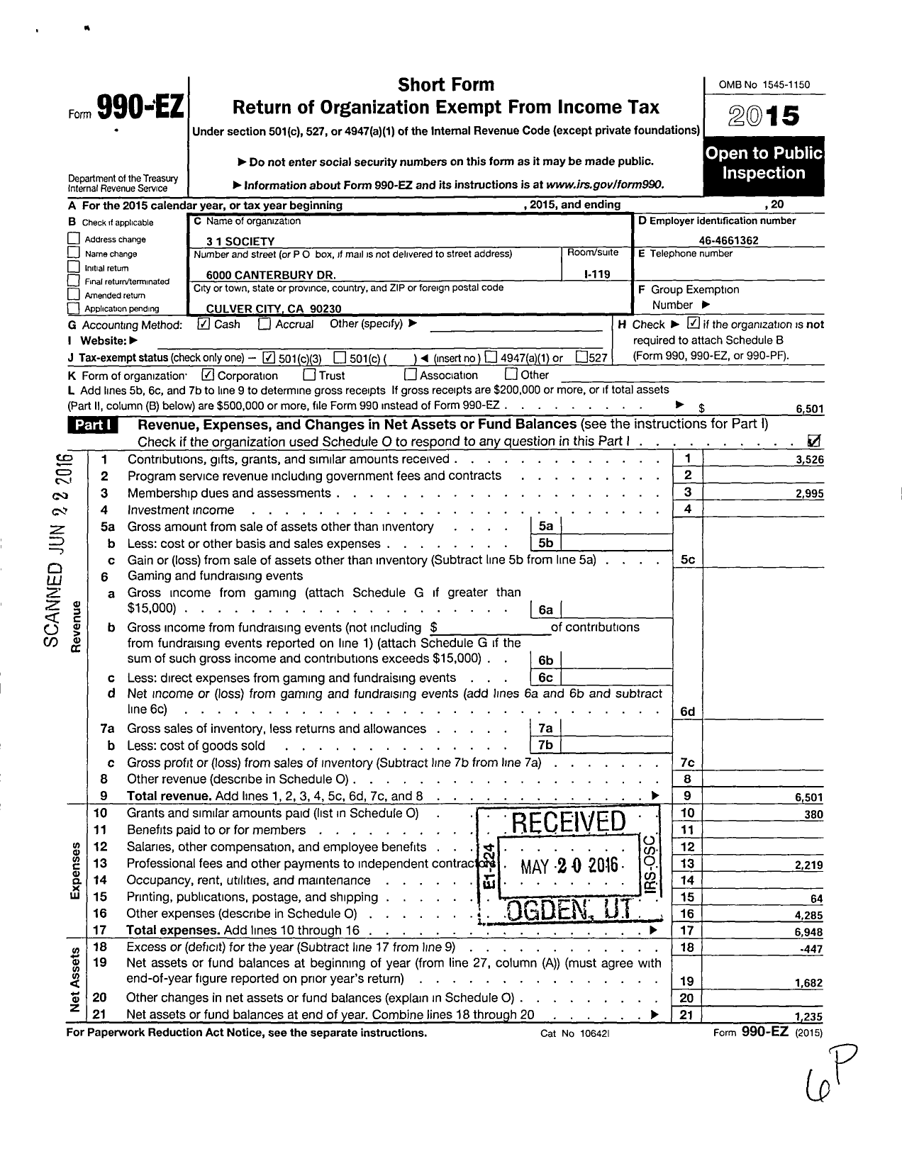 Image of first page of 2015 Form 990EZ for 3 1 Youth Leadership