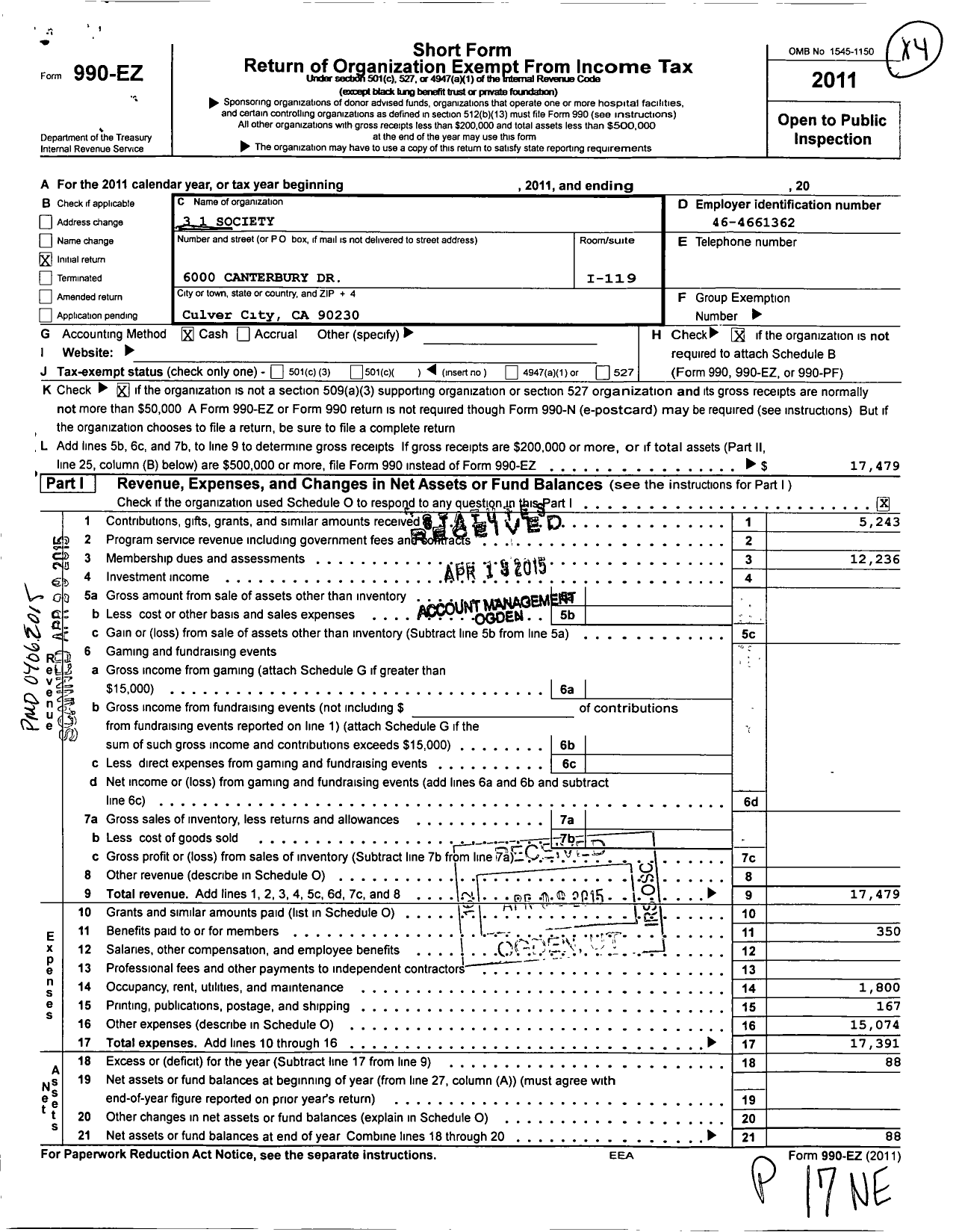 Image of first page of 2011 Form 990EO for 3 1 Youth Leadership