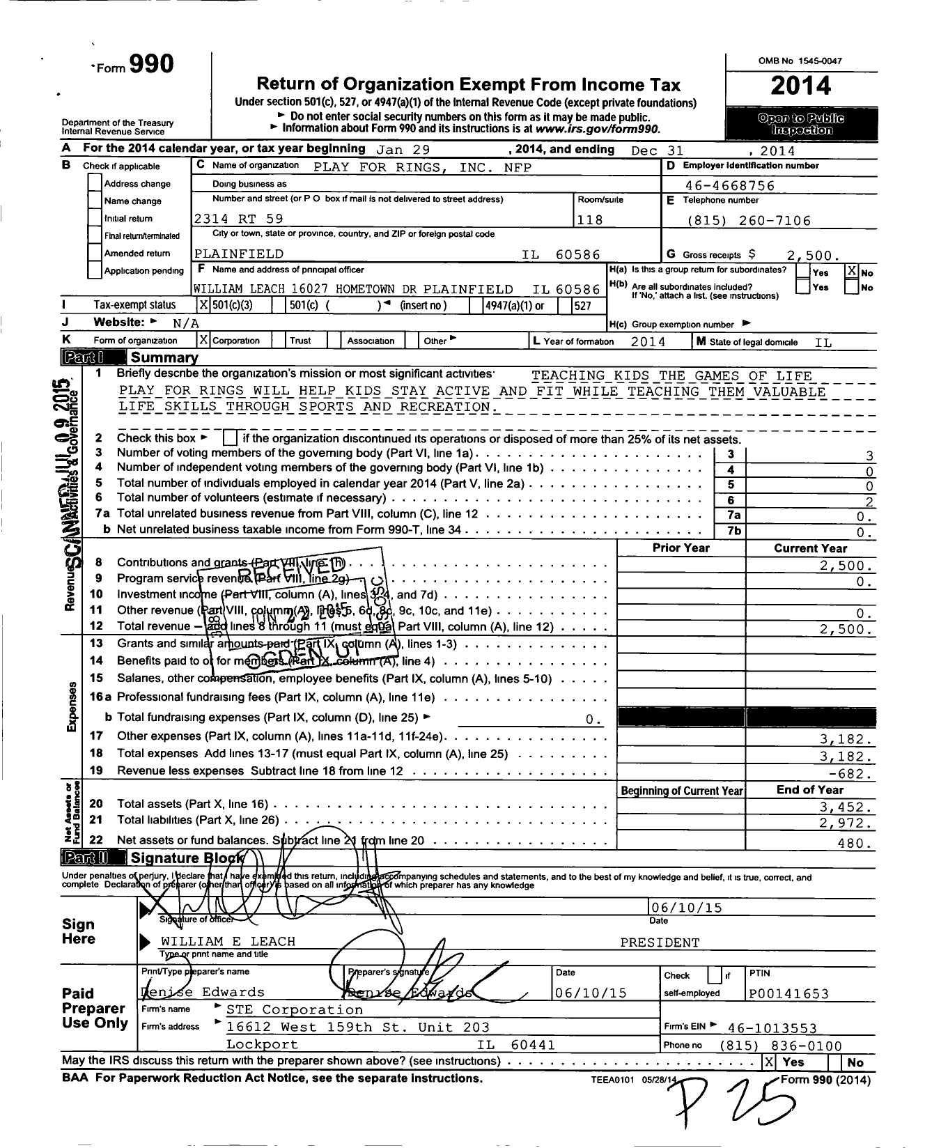 Image of first page of 2014 Form 990 for Play for Rings NFP