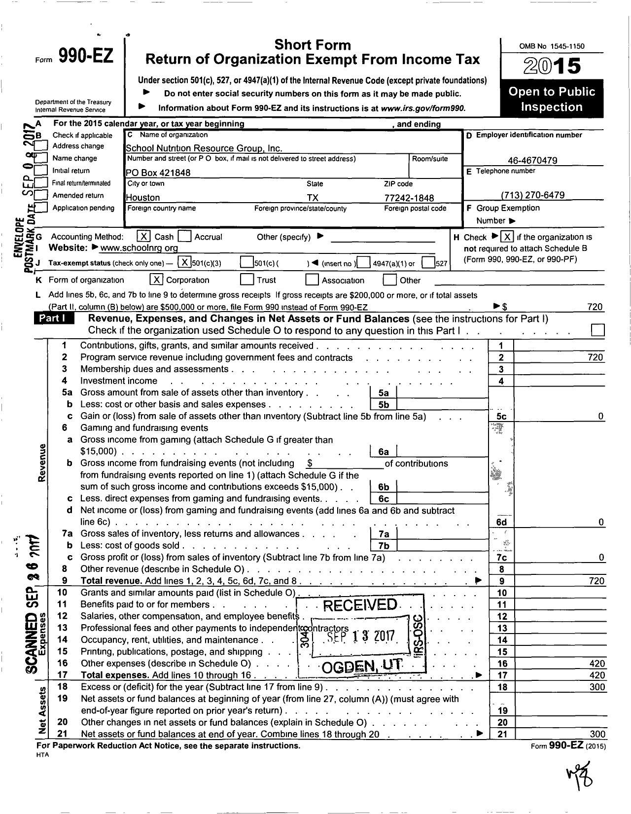 Image of first page of 2015 Form 990EZ for School Nutrition Resource Group