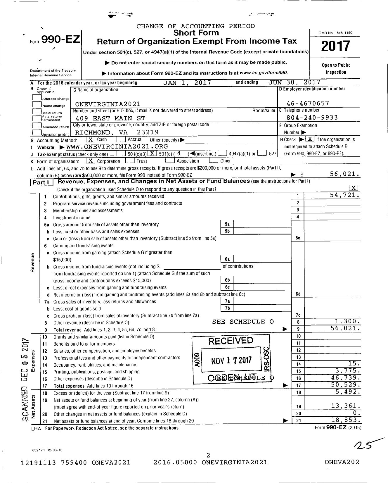 Image of first page of 2016 Form 990EO for OneVirginia2021