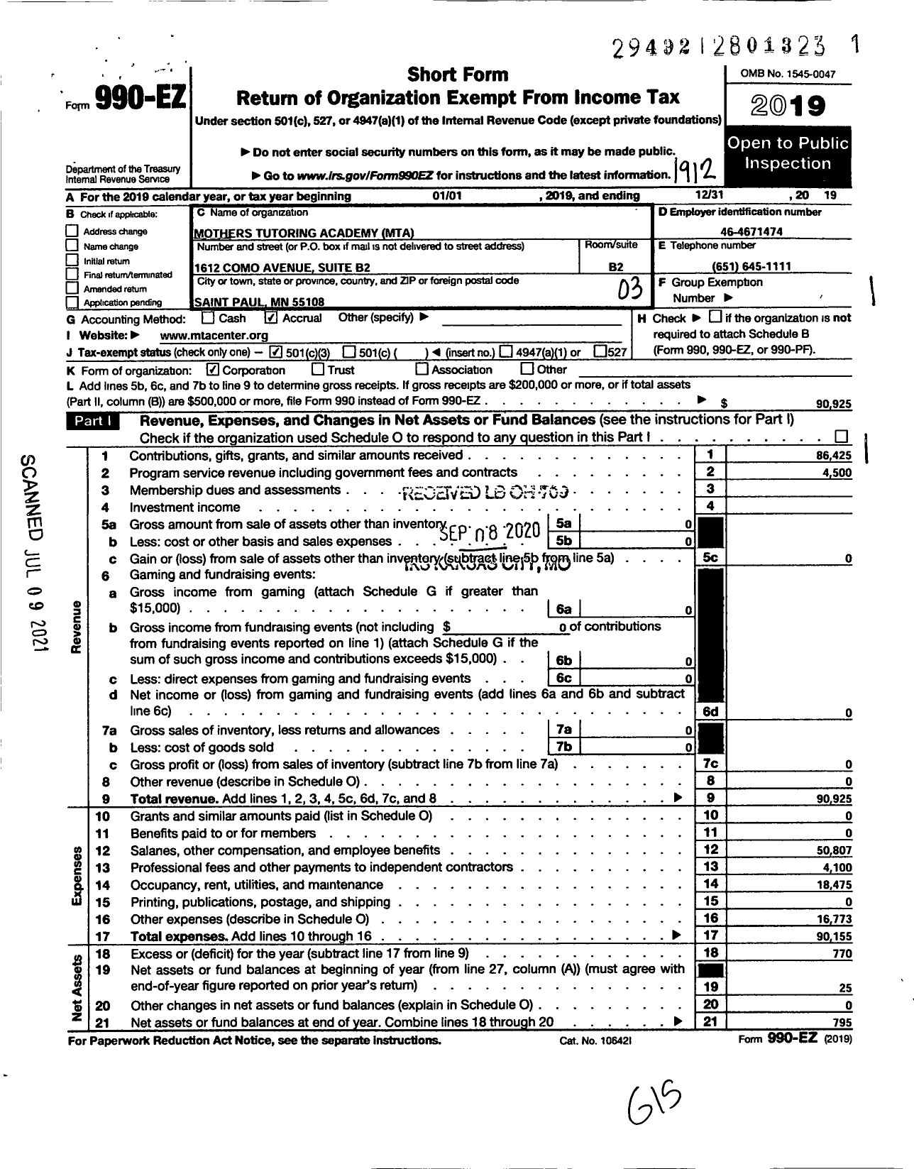 Image of first page of 2019 Form 990EZ for Mothers Tutoring Academy