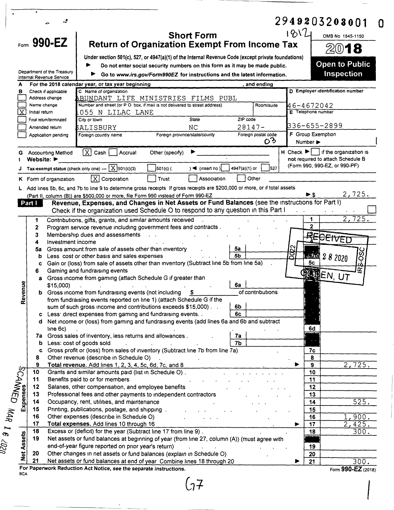 Image of first page of 2018 Form 990EZ for Abundant Life Ministries Films Publishing Distribution