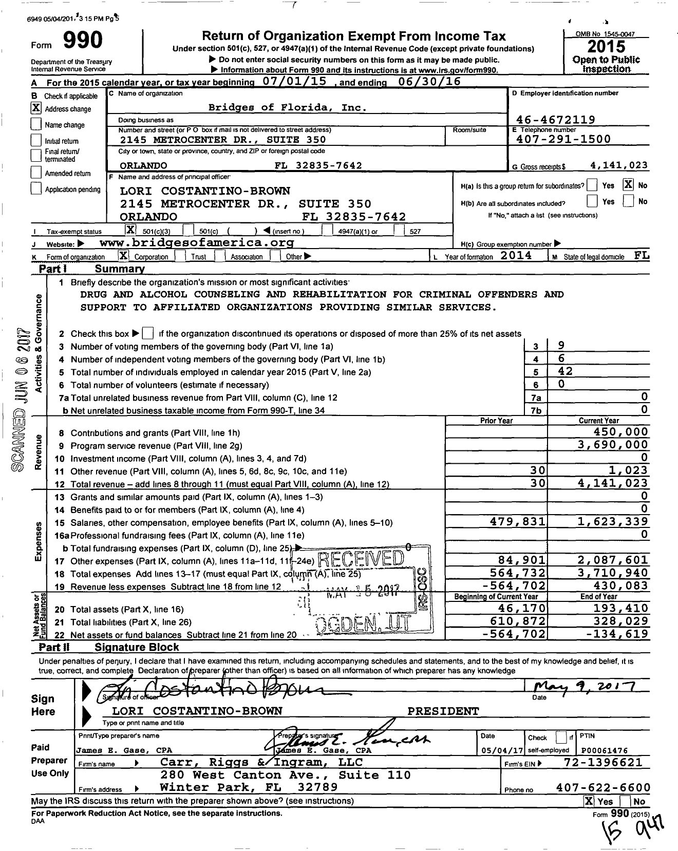 Image of first page of 2015 Form 990 for Bridges of Florida
