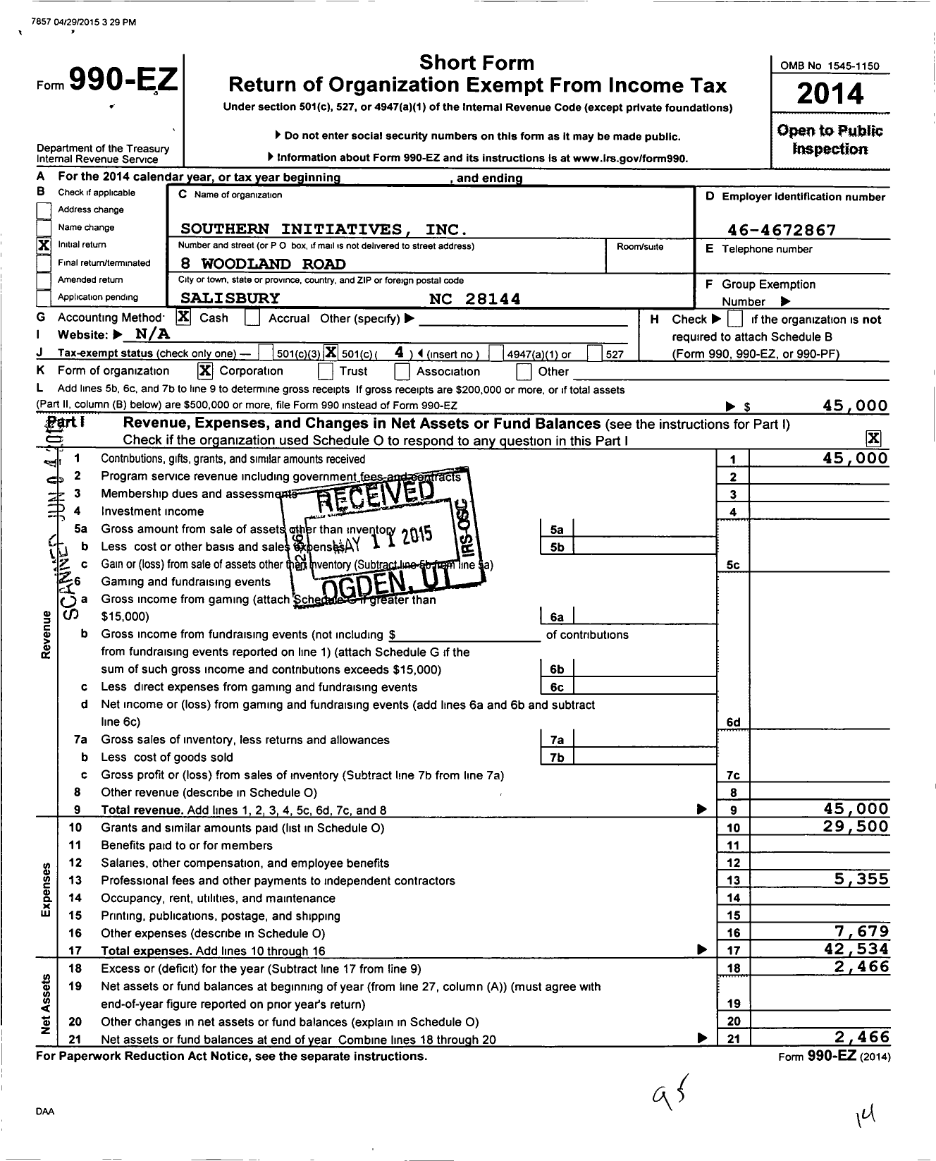 Image of first page of 2014 Form 990EO for Southern Initiatives