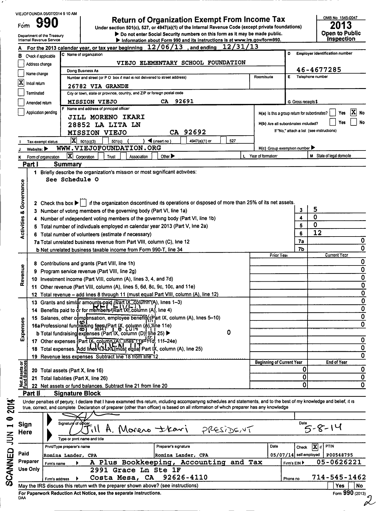 Image of first page of 2013 Form 990 for Viejo Elementary School Foundation