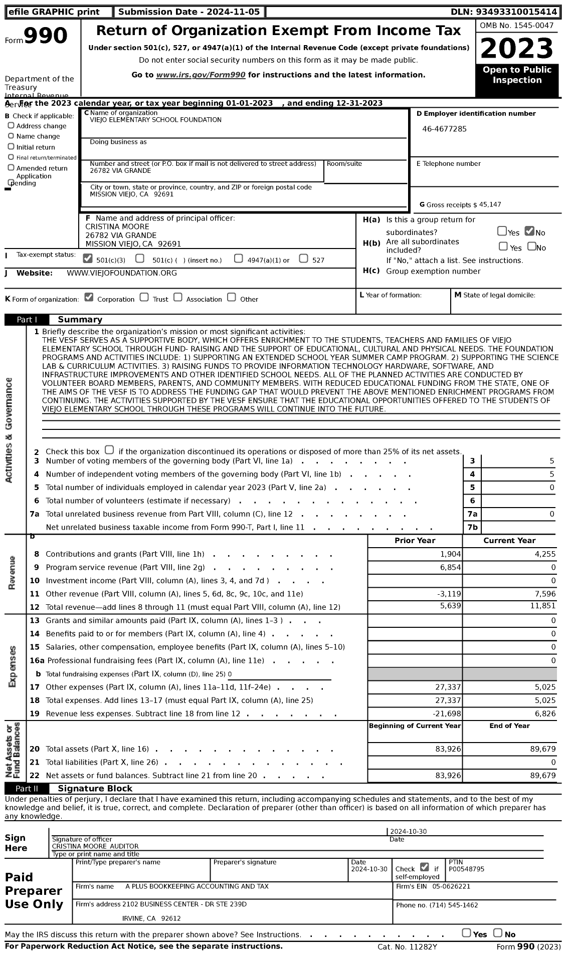 Image of first page of 2023 Form 990 for Viejo Elementary School Foundation