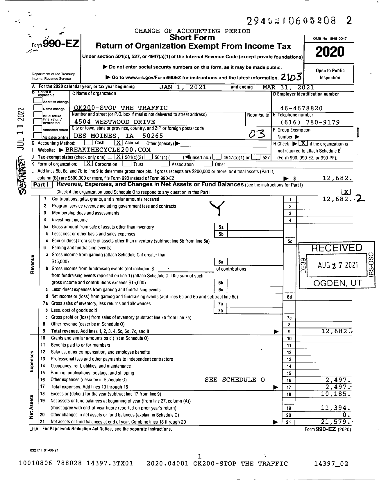 Image of first page of 2020 Form 990EZ for Ok200-Stop the Traffic