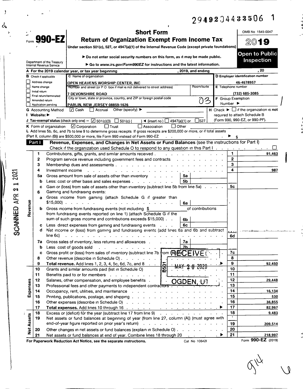 Image of first page of 2019 Form 990EZ for Open Heavens Worship Center