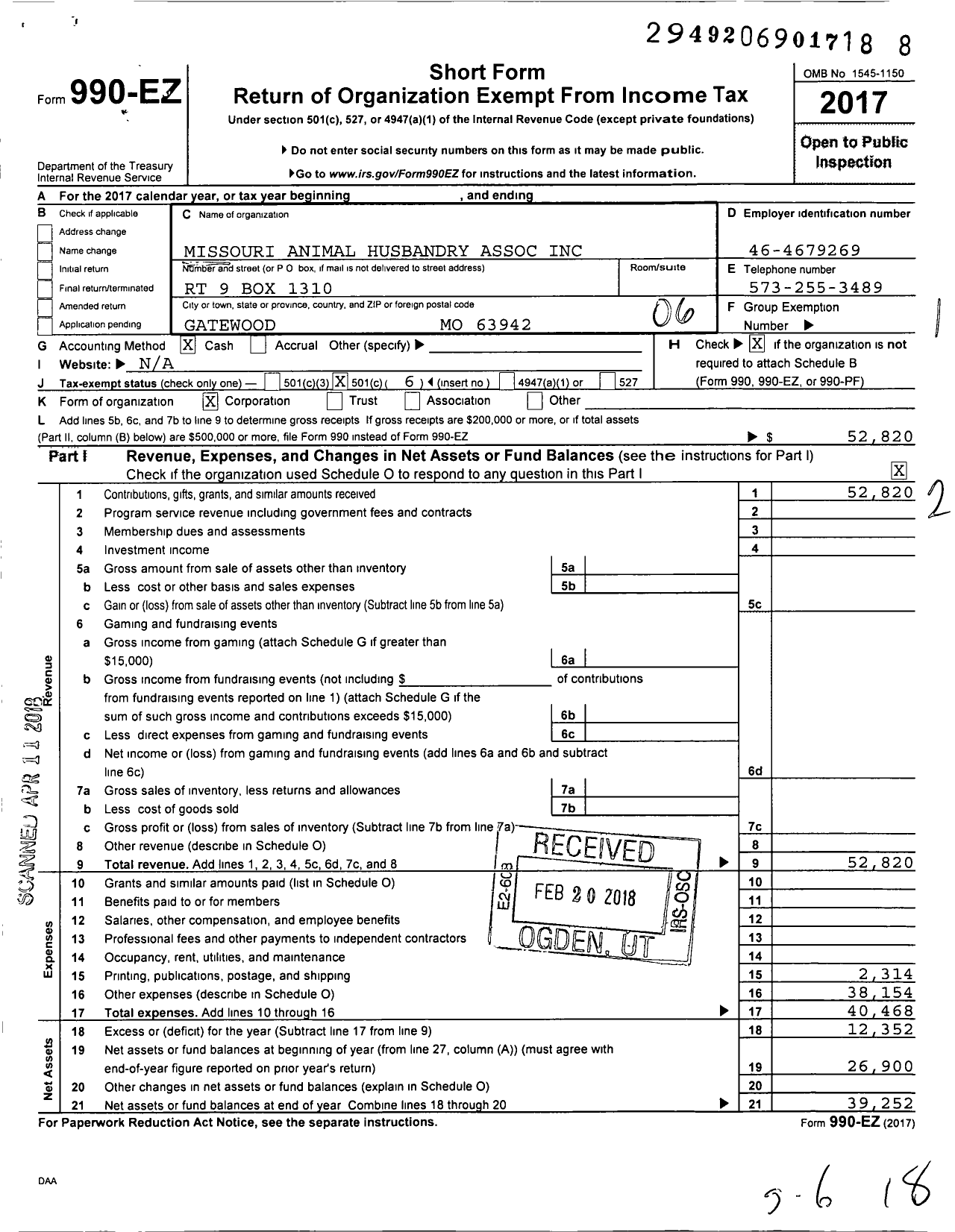 Image of first page of 2017 Form 990EO for Missouri Animal Husbandry Association (MAHA)