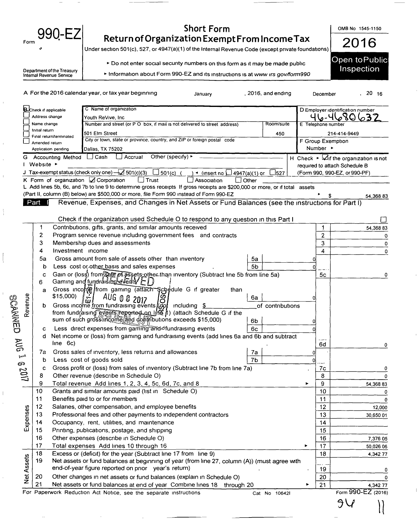 Image of first page of 2016 Form 990EZ for Youth Revive