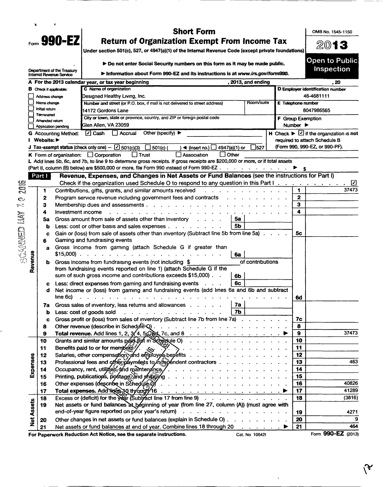 Image of first page of 2013 Form 990EZ for Designed Healthy Living Designed Healthy Living