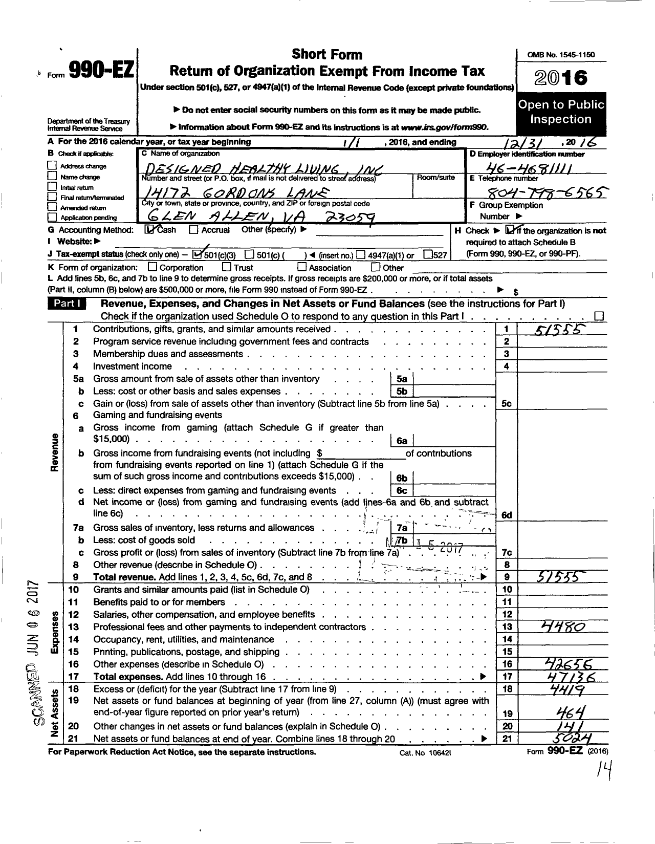 Image of first page of 2016 Form 990EZ for Designed Healthy Living Designed Healthy Living