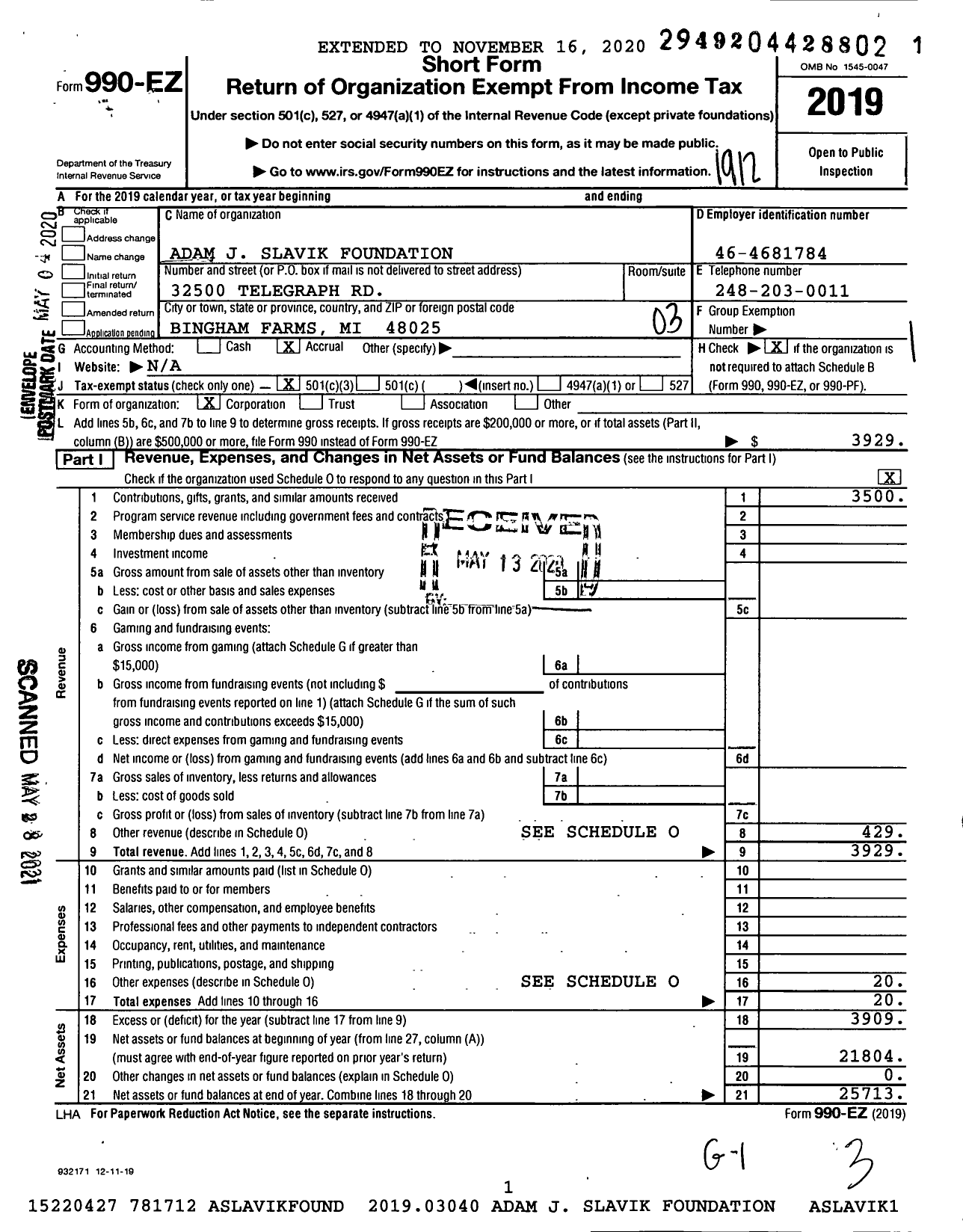 Image of first page of 2019 Form 990EZ for Adam J Slavik Foundation