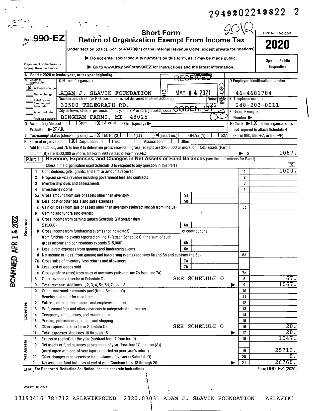 Image of first page of 2020 Form 990EZ for Adam J Slavik Foundation