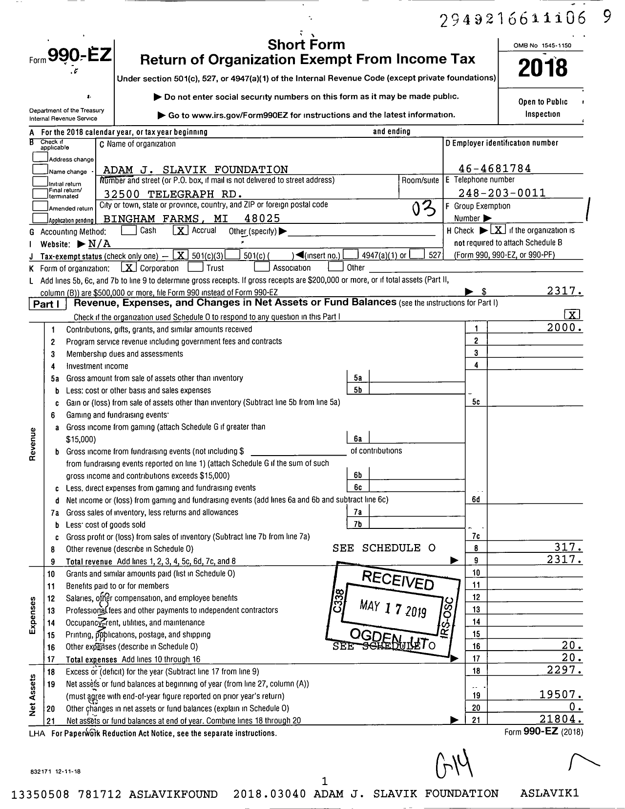 Image of first page of 2018 Form 990EZ for Adam J Slavik Foundation