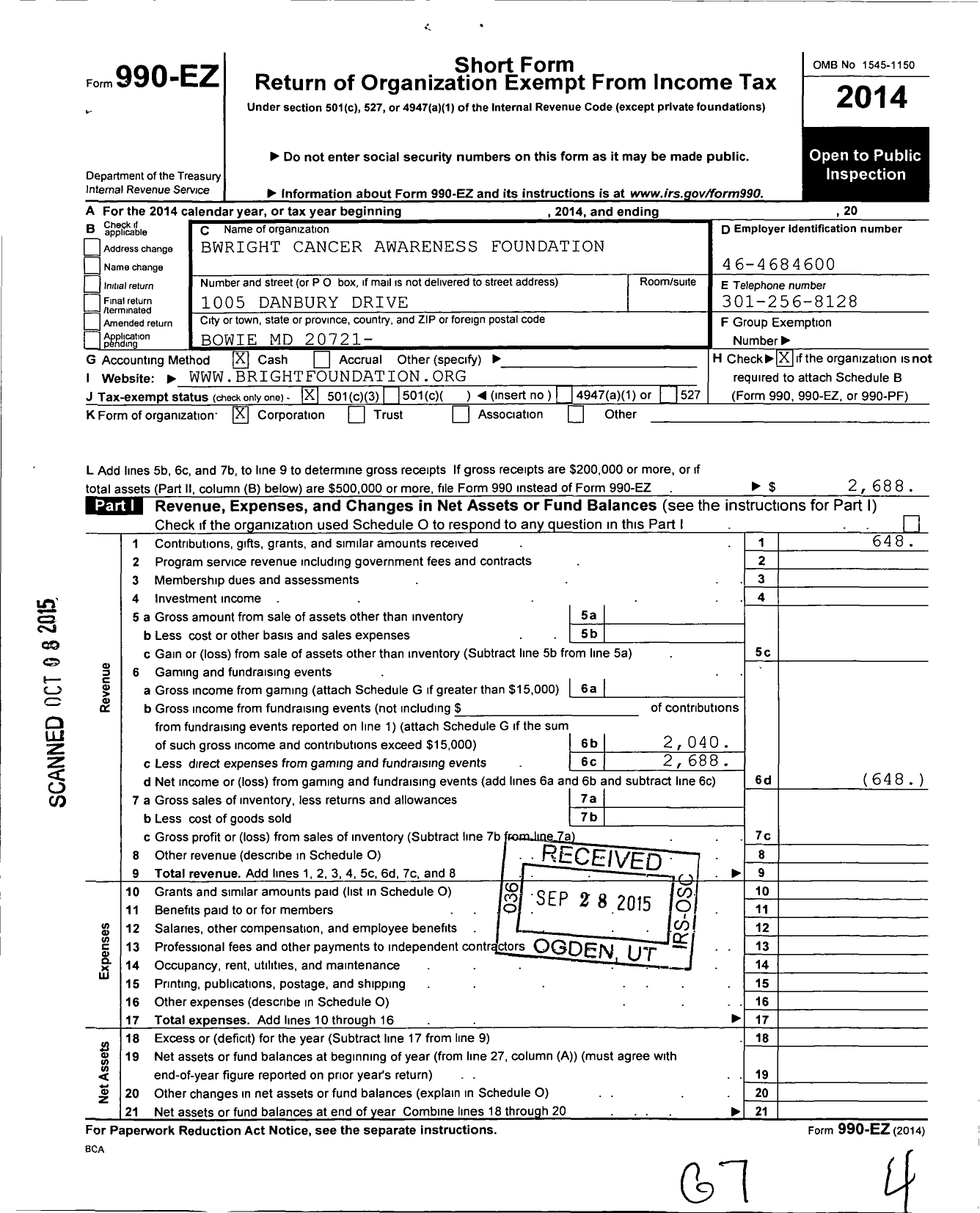 Image of first page of 2014 Form 990EZ for Bwright Cancer Awareness Foundation