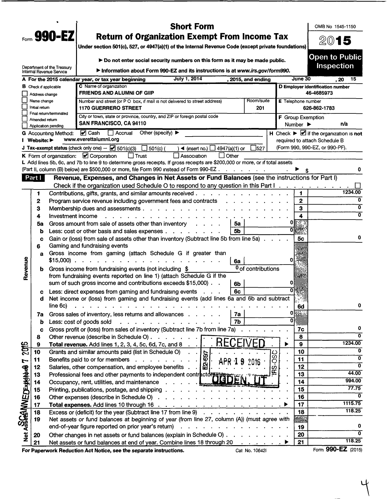 Image of first page of 2014 Form 990EZ for Friends and Alumni of Giip