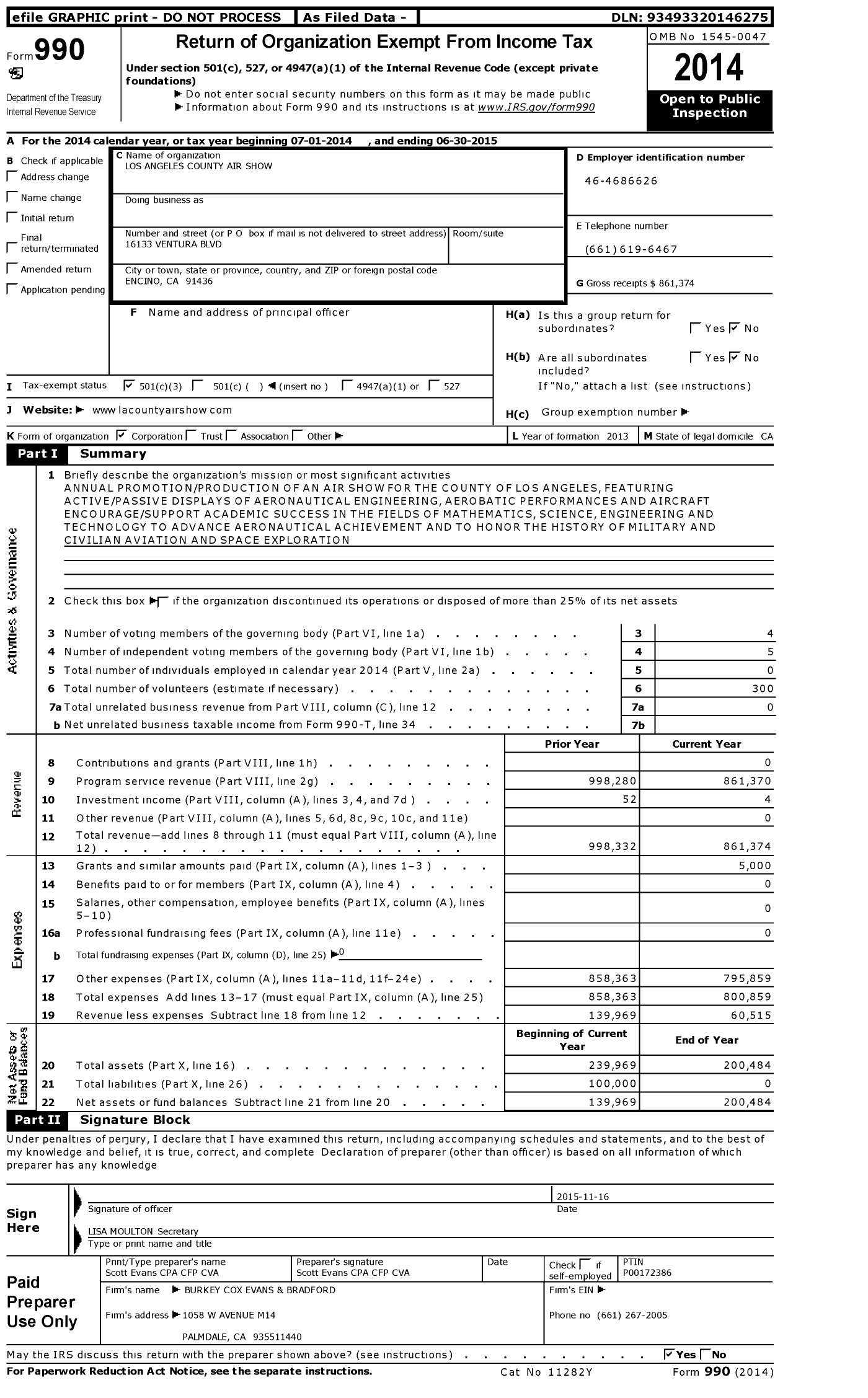 Image of first page of 2014 Form 990 for Los Angeles County Air Show